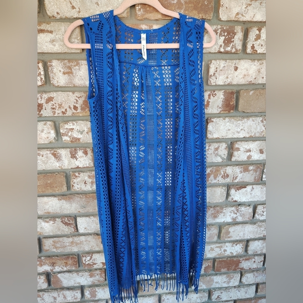 NY Collection Blue Crochet Open Knit Fringe Hem Sleeveless Long Vest M/L Hippie